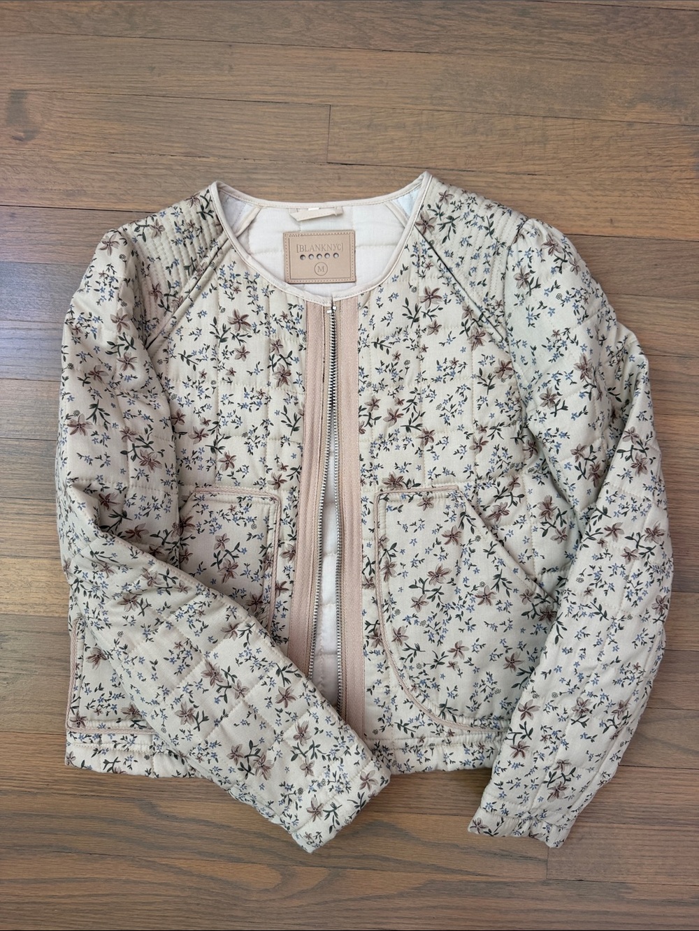 Blank NYC Cream Floral Quilted Zip Puffer Jacket